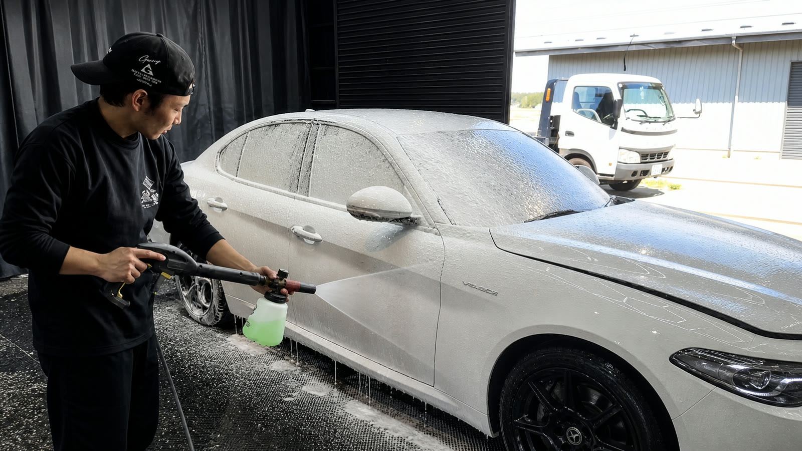 高圧洗浄機で車体を洗い上げる作業